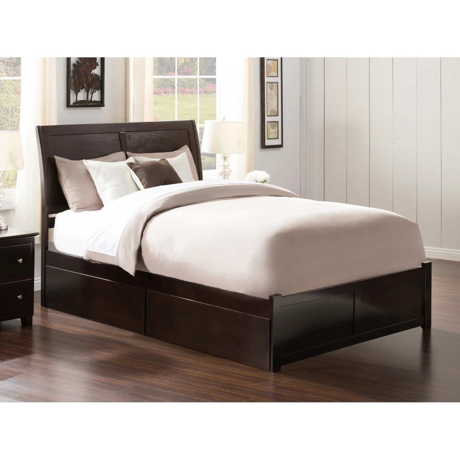 Portland King Wood Platform Bed with Footboard and Storage Drawers in Espresso