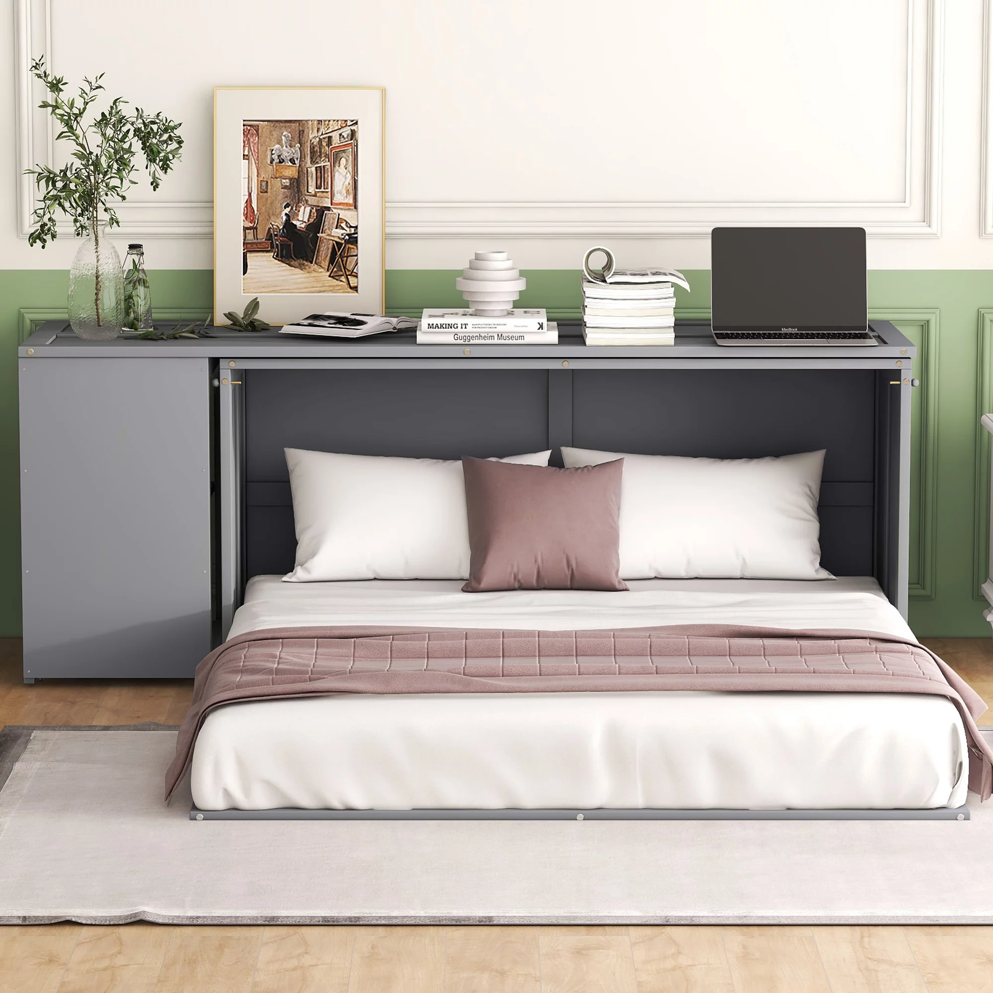 CoSoTower Queen Size Murphy Bed with Rotable Desk, Gray
