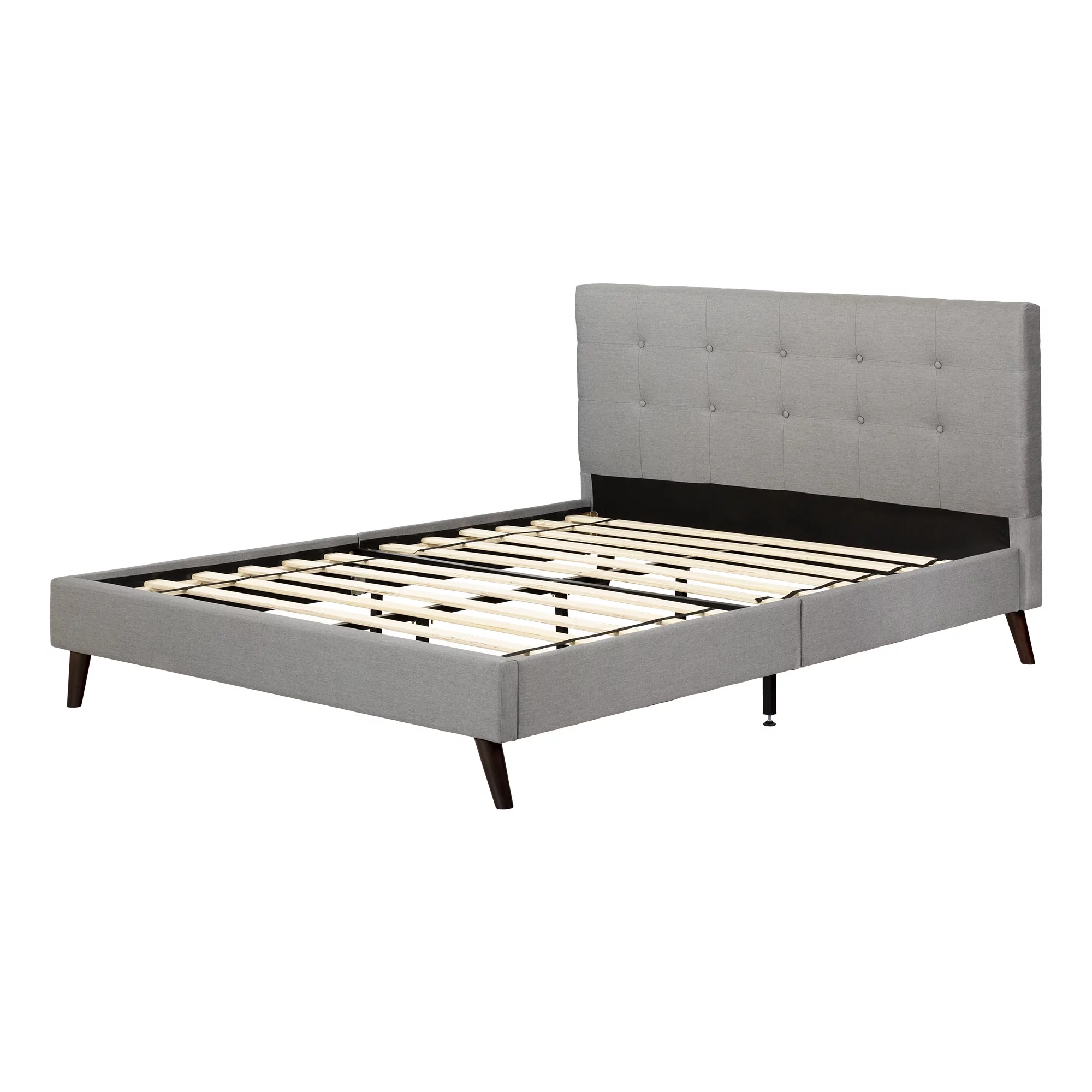 South Shore Dylane, Mid-century Glam Upholstered Full Platform Bed and Headboard, Soft Gray