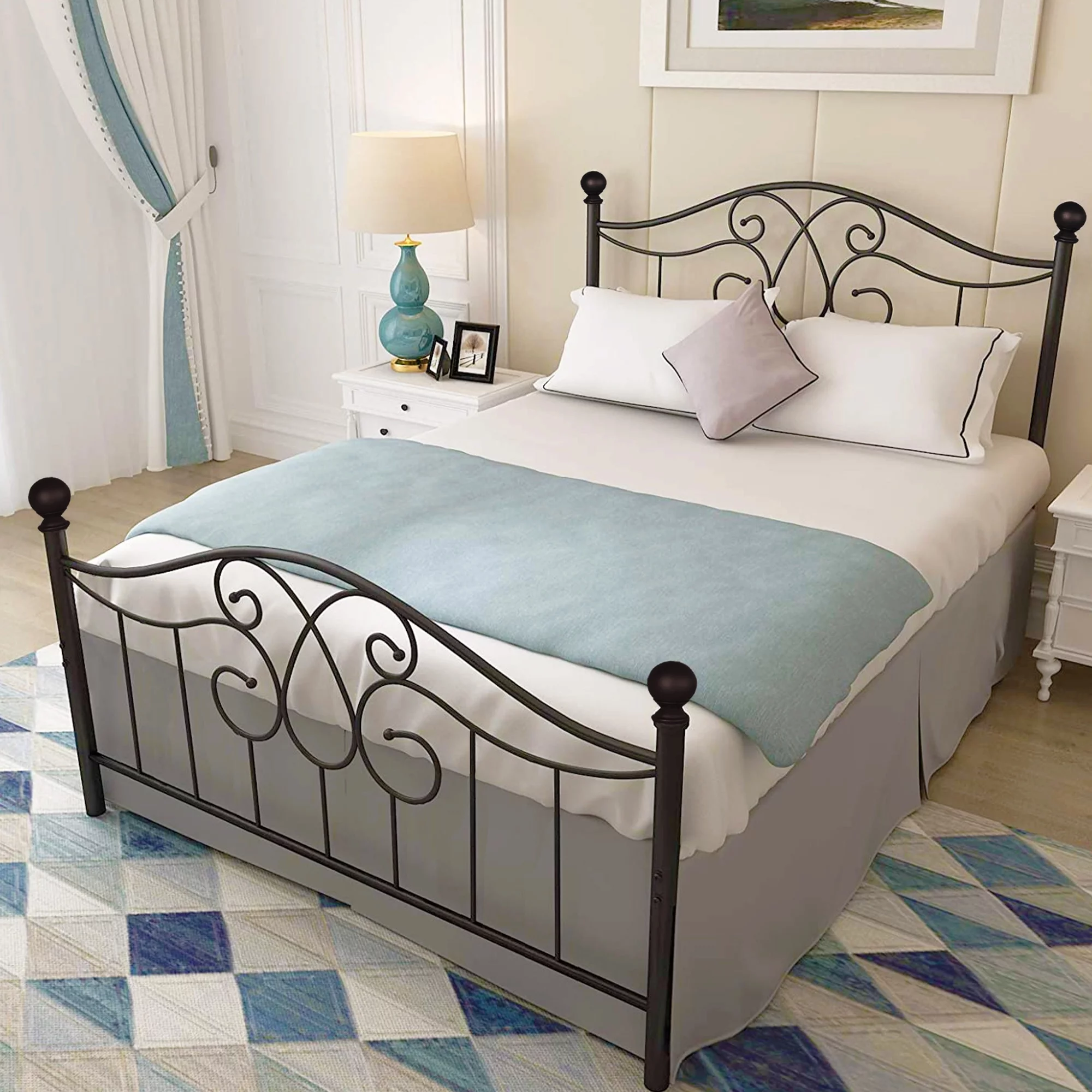 Kuurfuurdo Queen Size Metal Platform Bed Frame with Vintage Headboard and Footboard, Black