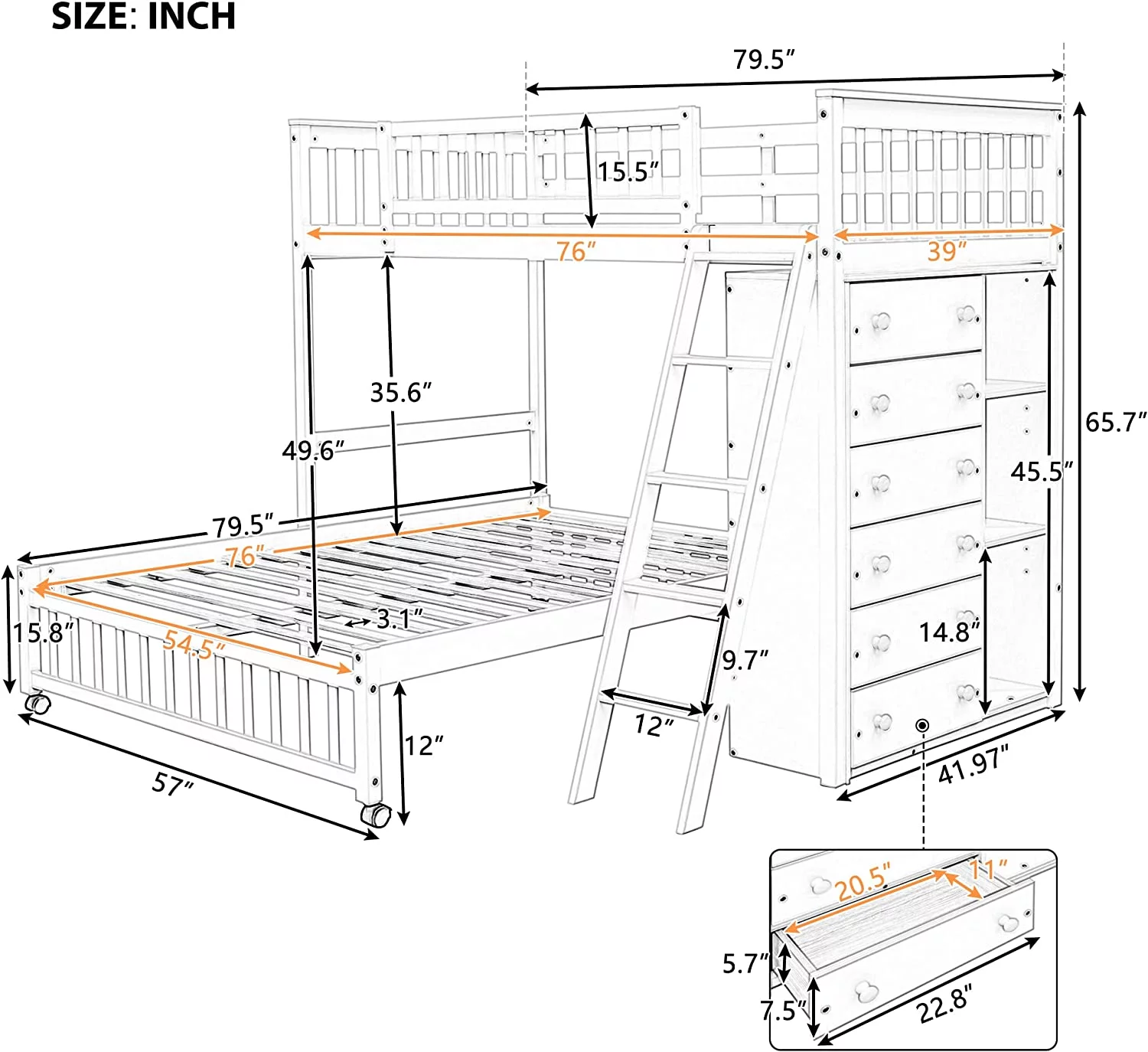 Over Full Bunk Bed With 6 Storage Drawers And 3 Shelves, Wood Loft Bed With Movable Lower Bed, No Box Spring Needed(Gray, Bottom Bed With Wheels)