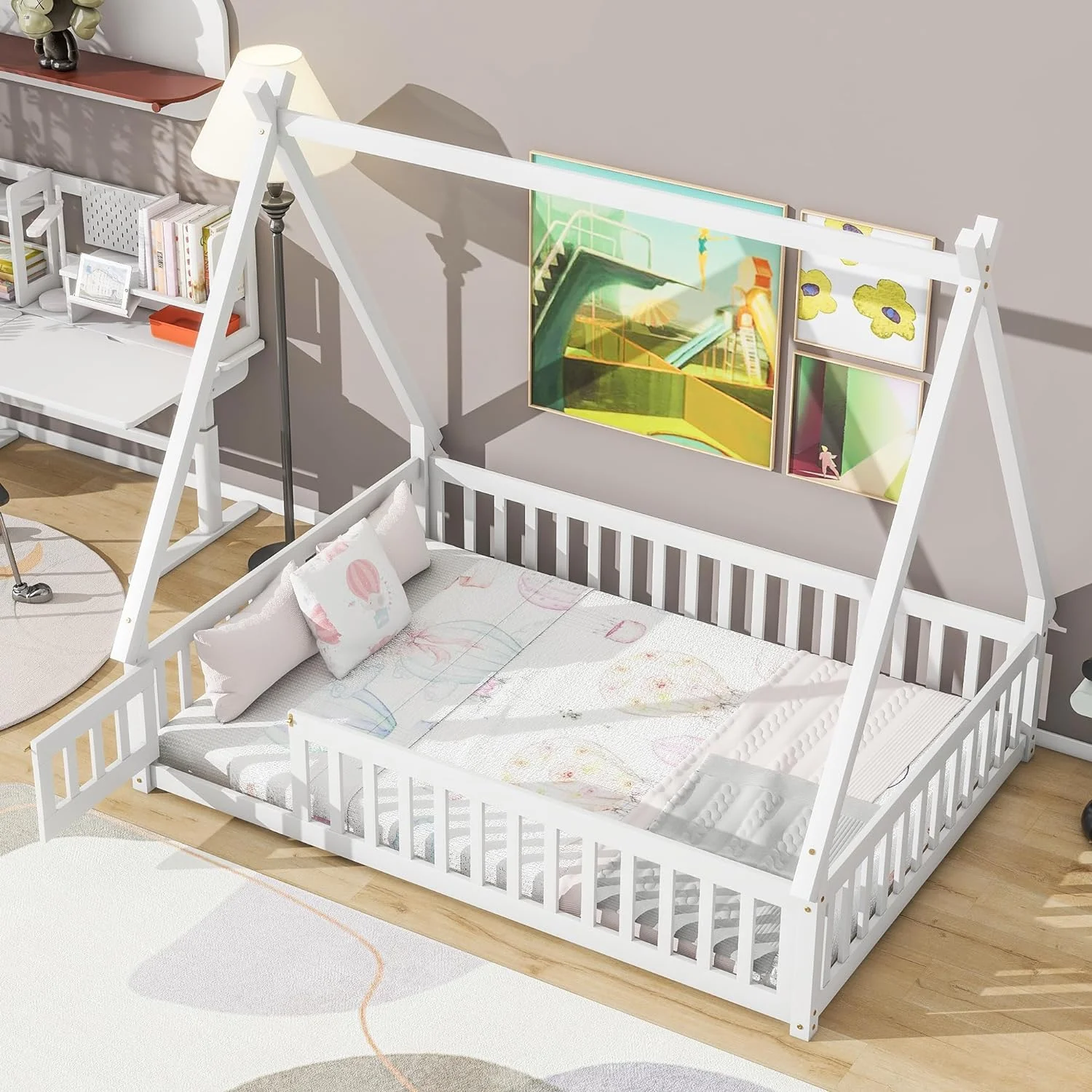 Full Size Floor Bed For Kids, Tet Bed Full Teepee Bed Frame With Fece Rails, Wood Motessori Floor Bed With Slats Ad Door For Girls Boys Bedroom Furiture, White