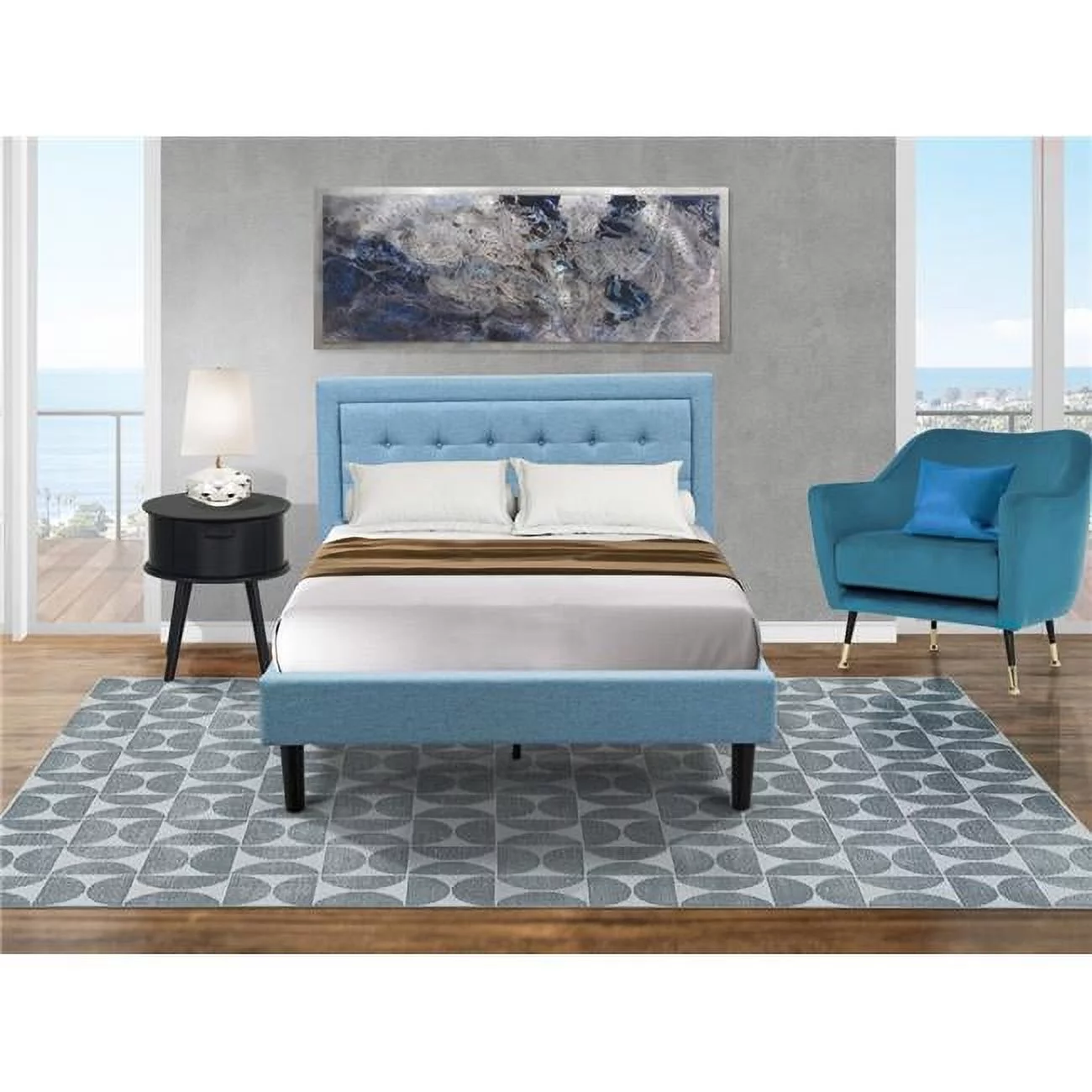 East West Furniture 2-piece Wood Platform Full Bedroom Set in Denim Blue/Navy