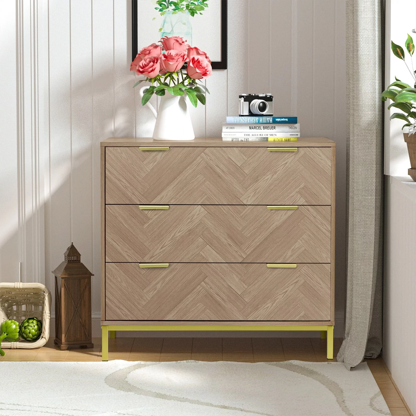 Anmytek Bedroom Dresser 3-Drawer Wooden Chest of Drawers Herringbone Accent Chest Storage Nightstand 31.5