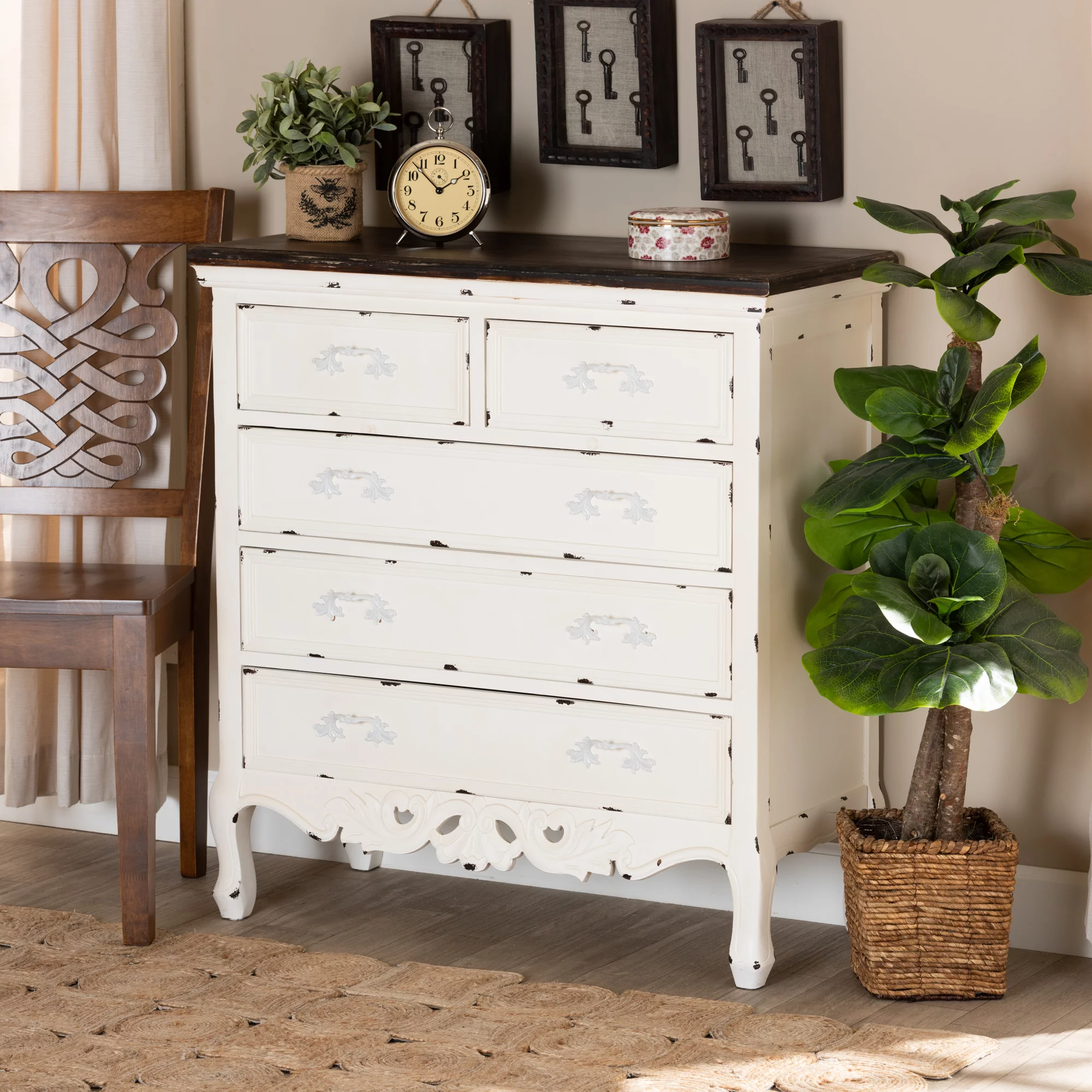 Baxton Studio Levron Classic and Traditional Two-Tone Walnut Brown and Antique White Finished Wood 5-Drawer Storage Cabinet