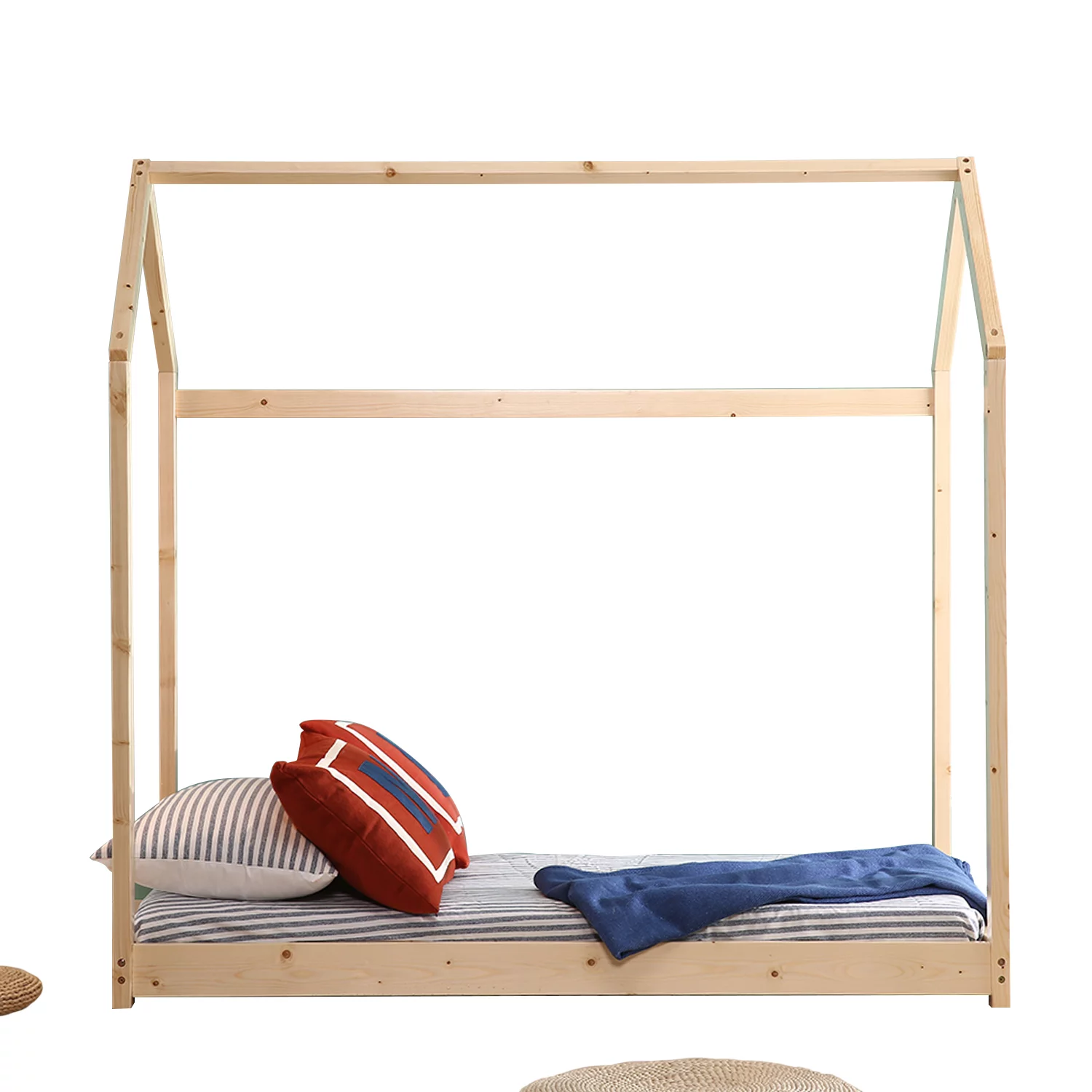 Walsport Toddler Bed Children House House Bed Furniture Premium Wood Frame Floor Bed Kids Small Tent Bedroom with Mattress