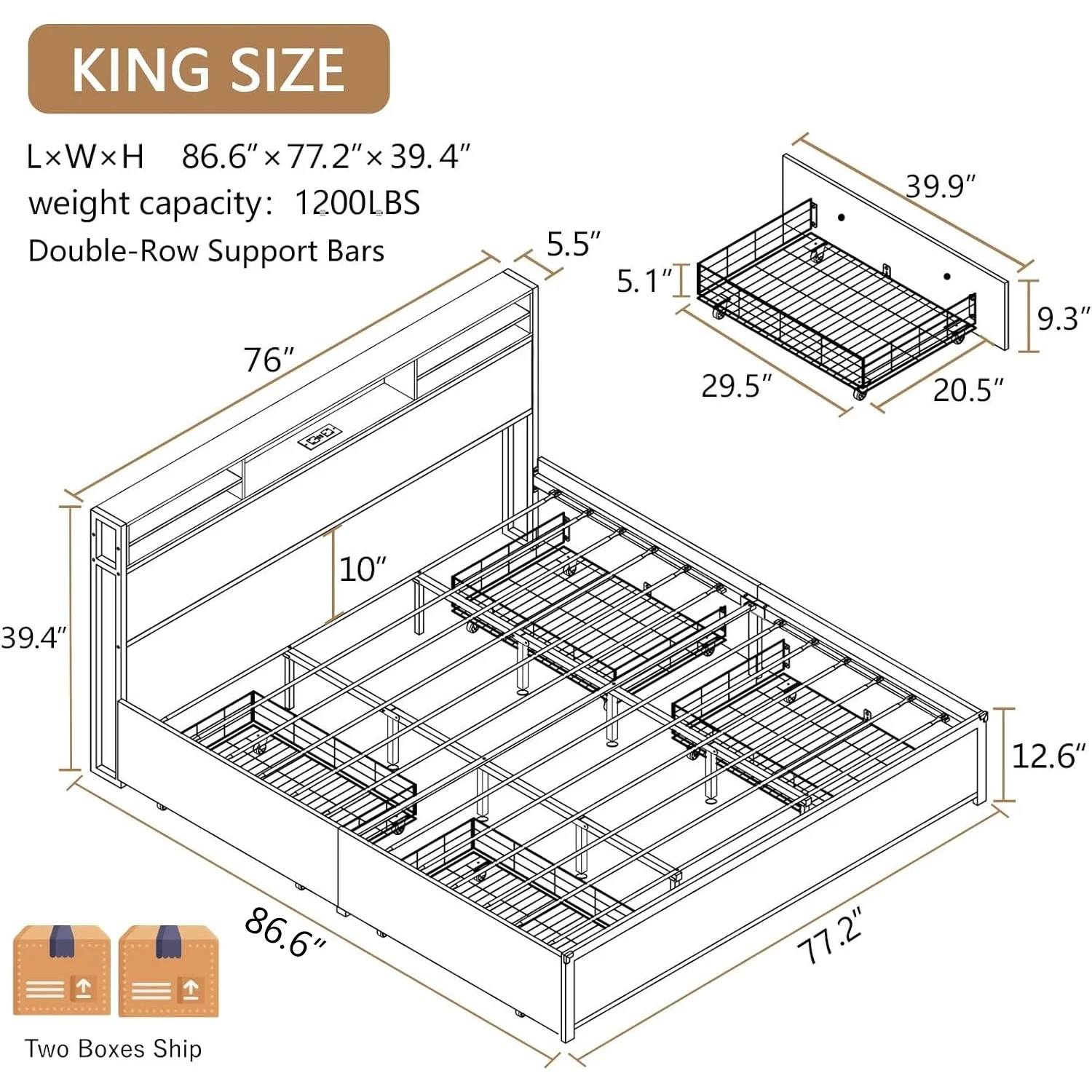 King Size Bed Frame with Bookcase Headboard and 4 Storage Drawers, LED Bed Frame with Outlets & USB Ports, Metal Platform Bed King, Double-Row Support Bars, No Box Spring Needed (Vintage Brown)