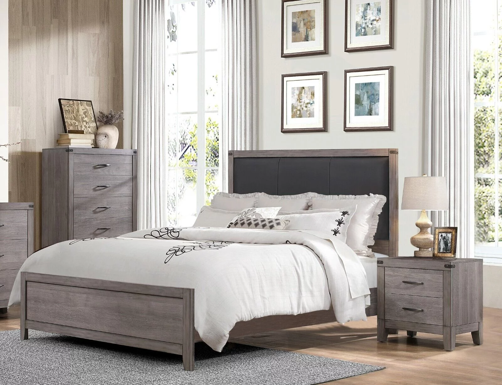 Bedroom Furniture 3pc Set Queen Size Bed Upholstered Headboard 2x Nightstands Brownish Gray Finish Casual Look Furniture