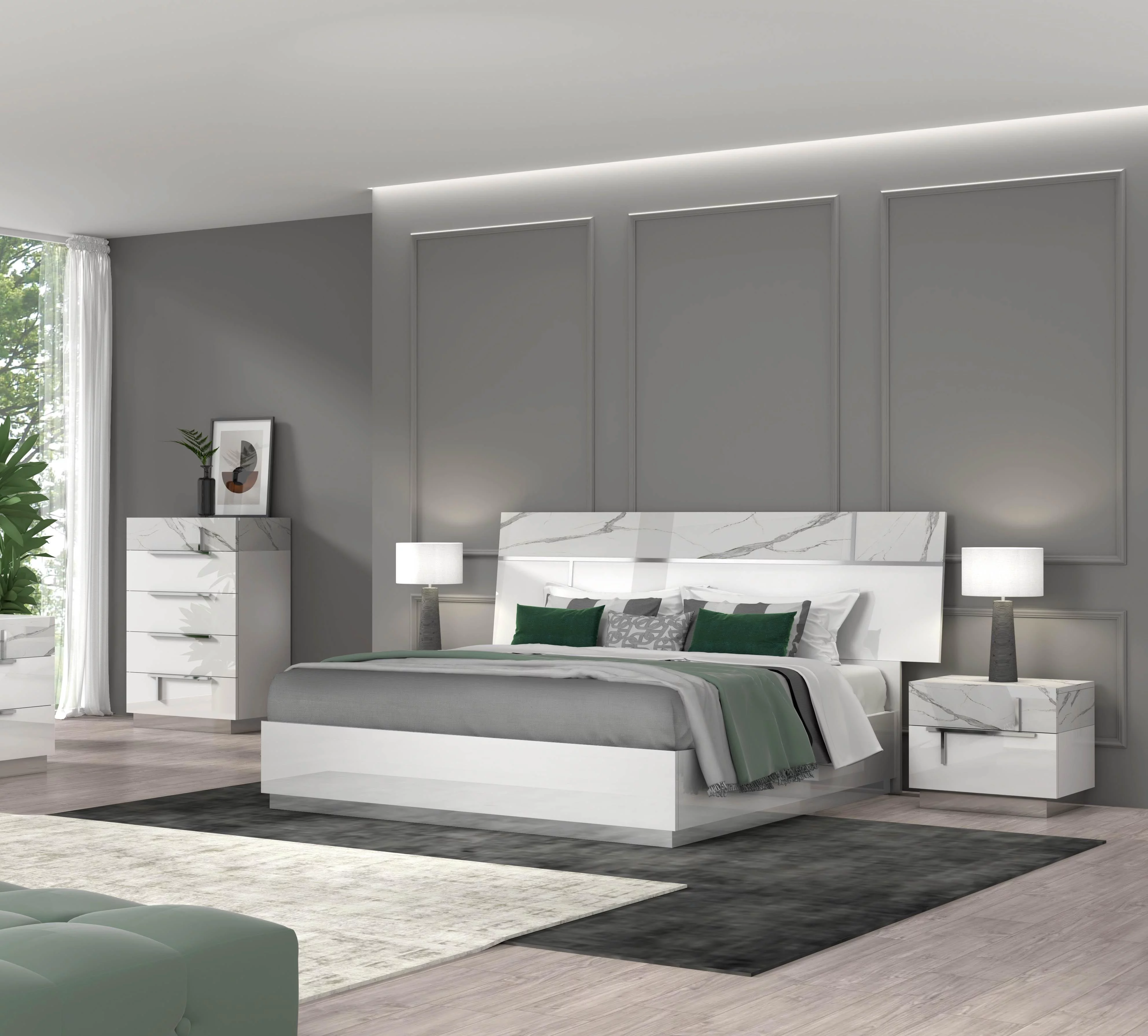 Carrara Marble Finish King Size Premium Bedroom Set 3Pcs Modern J&M Sunset
