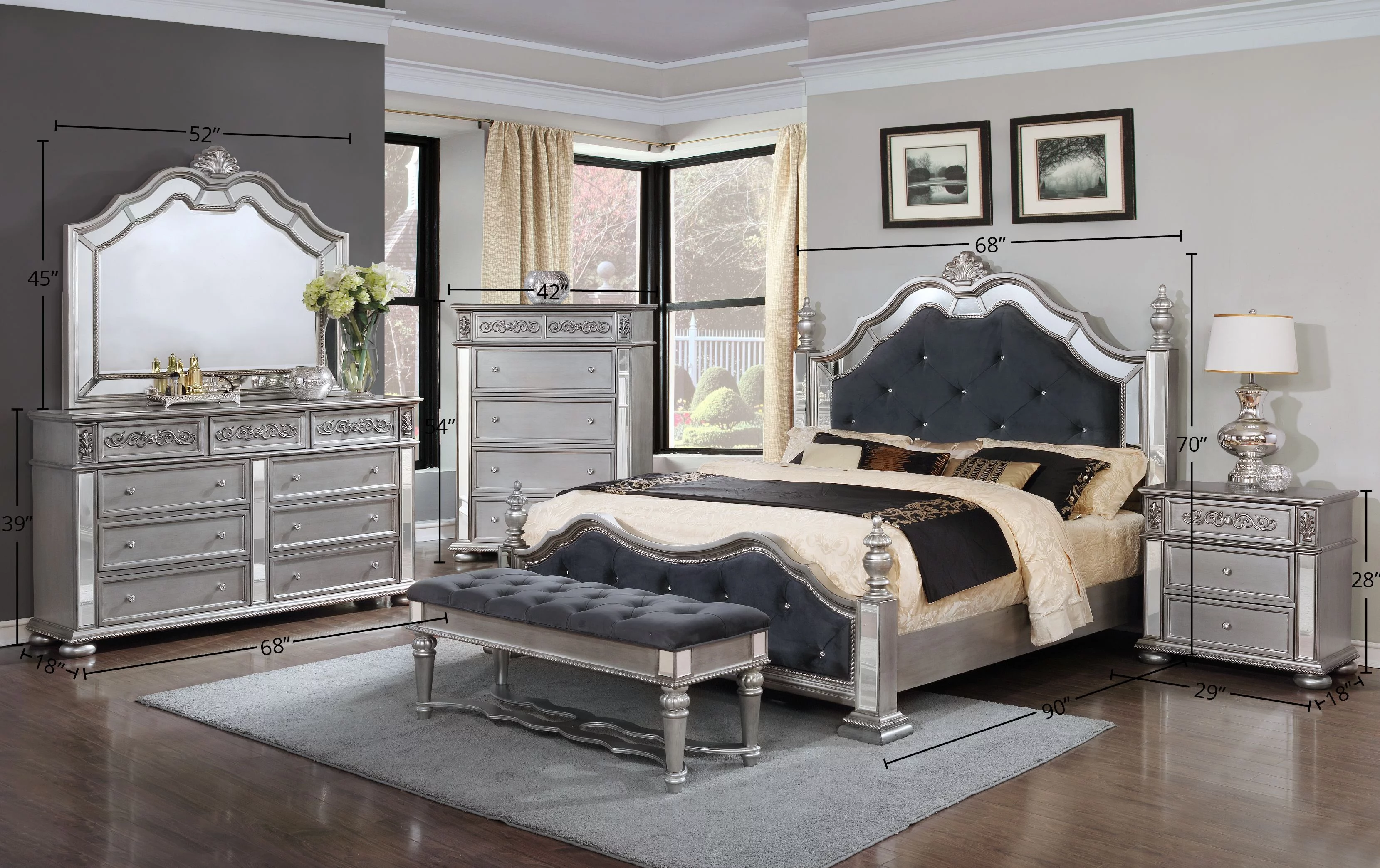 Queen Size Bedroom Sets include Padded Tufted Headboard, Footboard, Dresser, Mirror, Chest, Nightstand in Silver/Grey Finish with Mirror Tiles Decoration