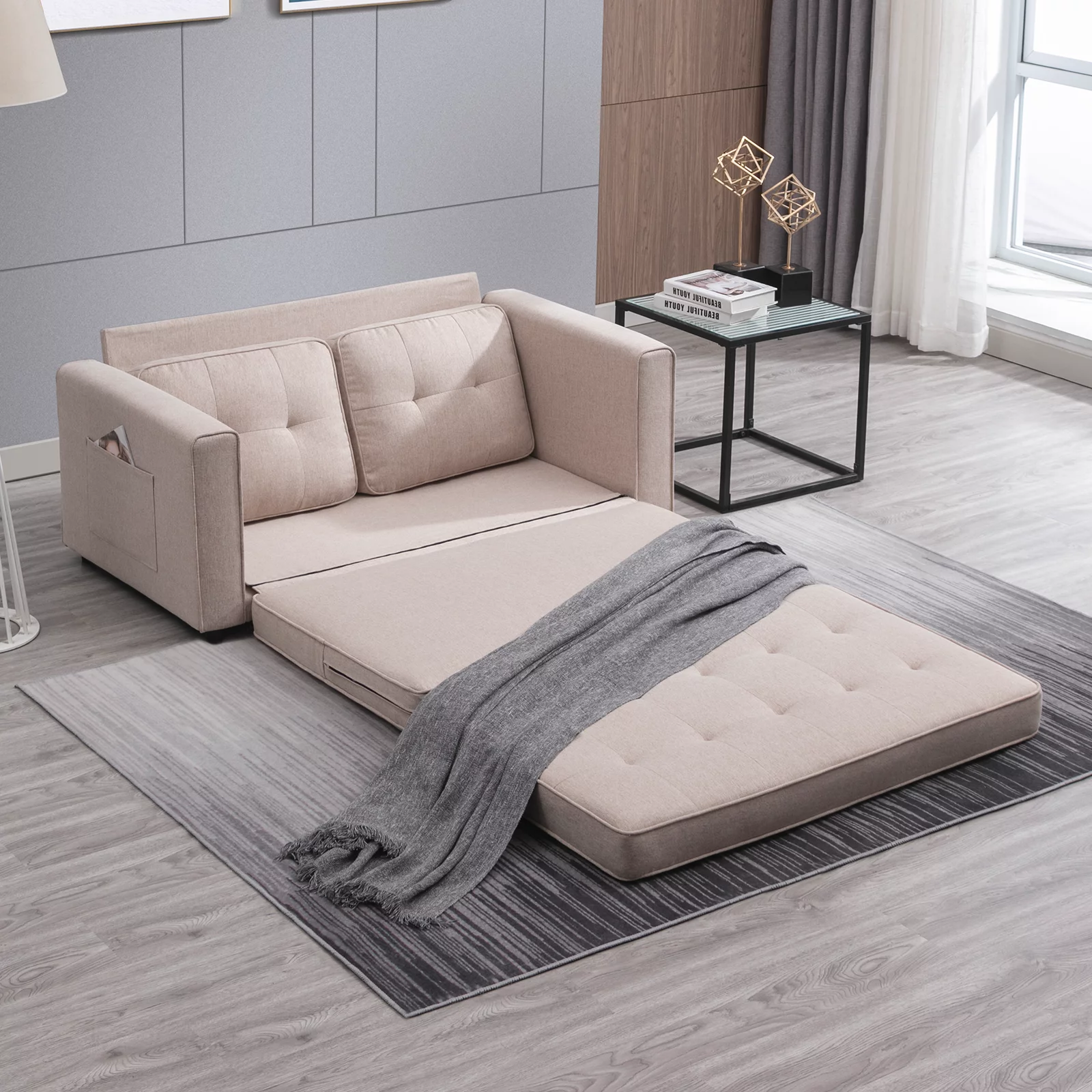 Mjkone Convertible Sofa Bed, Upholstered Loveseat Couch,Futon loveseat sleeper, Linen Fabric and High Density Couch, Pull out futon sofa bed, Furniture for Living Room, Apartment, Beige