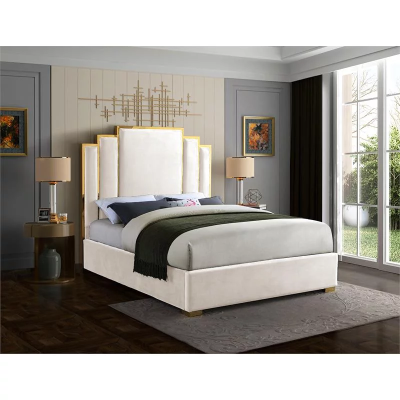 Meridian Furniture Hugos Cream Velvet Queen Bed