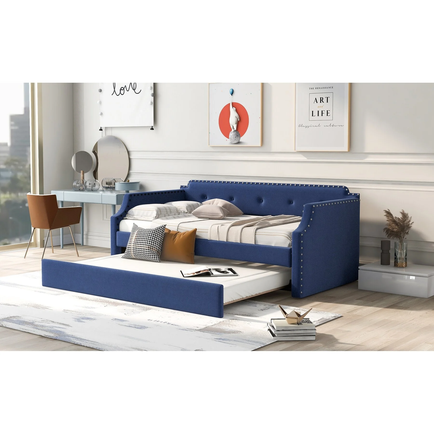 Blue Arched Back and Nailhead Trim Upholstered Daybed with Built-In Trundle Bed, Features Two Armrests,Easy Assembly, Twin