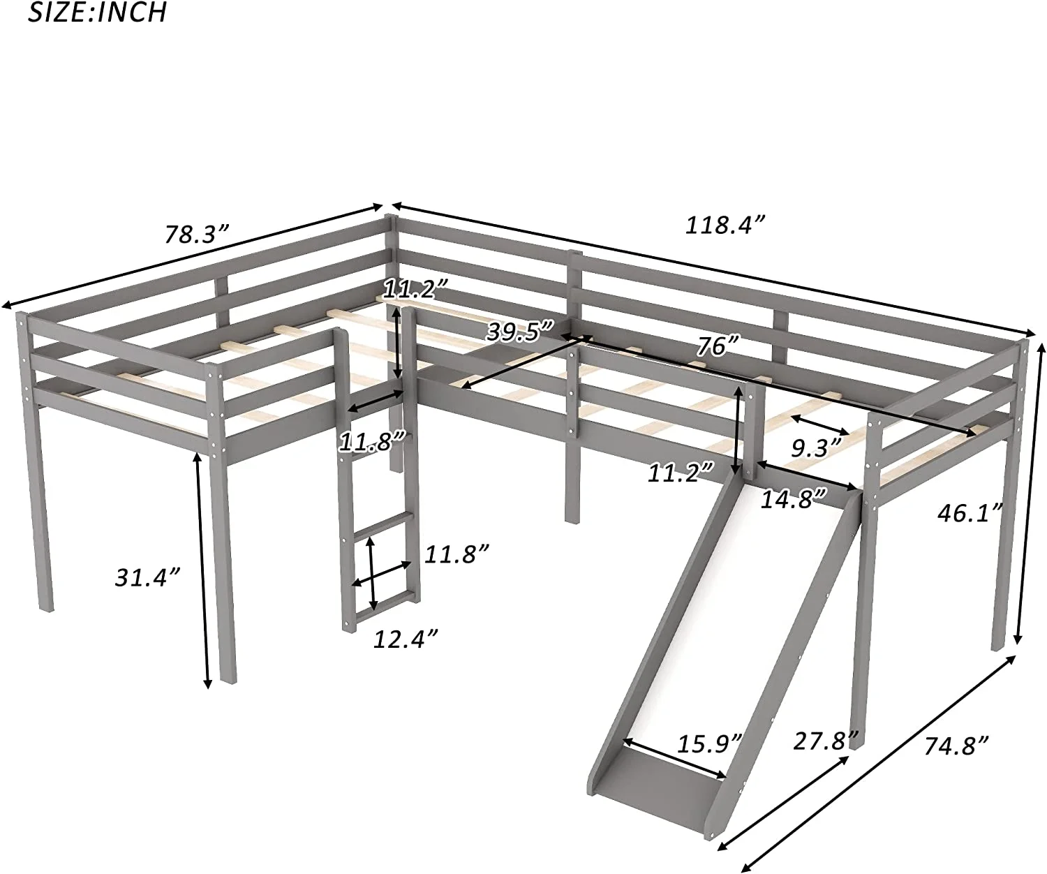 Loft Beds With Slide, Loft Bed Frame Corner Bunk Bed For 2 Kids, Wood Gray Loft Bed For Girls Boys Teens