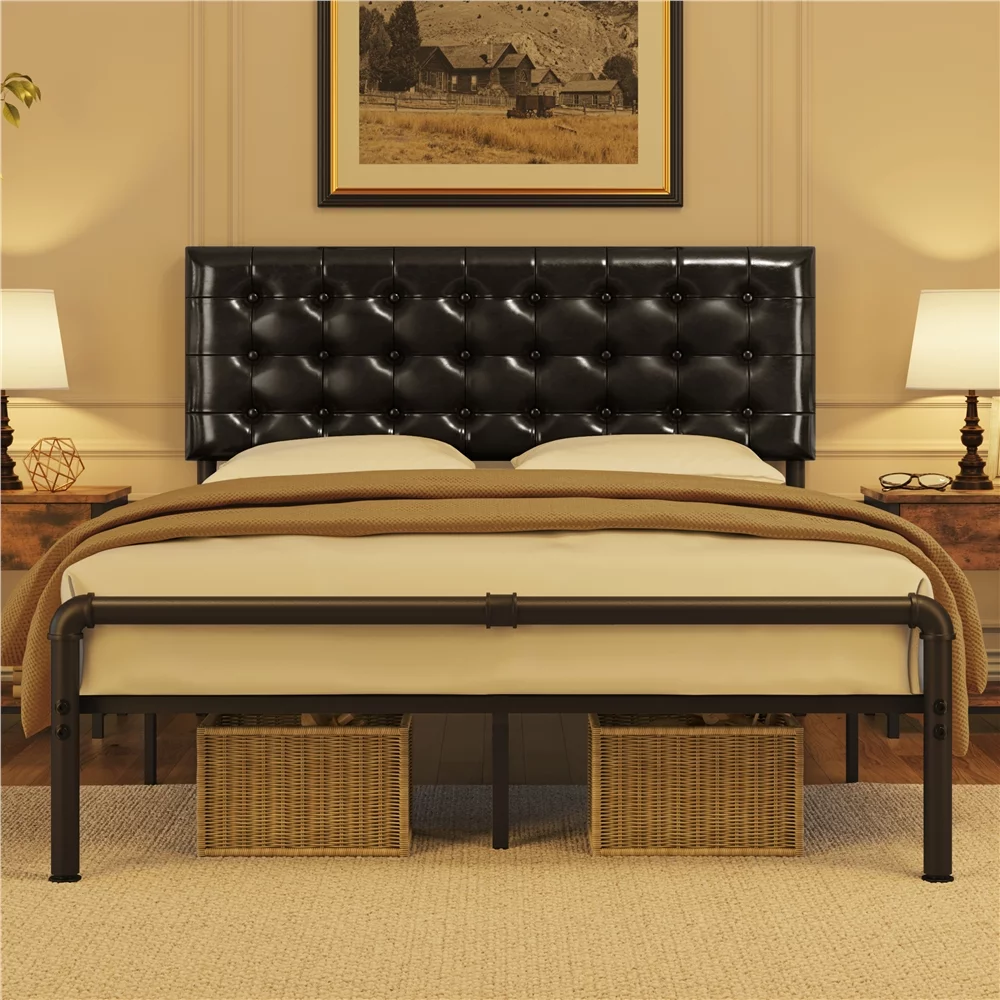 Topeakmart Queen Size Metal Bed Frame with Upholstered Headboard, Height-Adjustable, Elegant Black