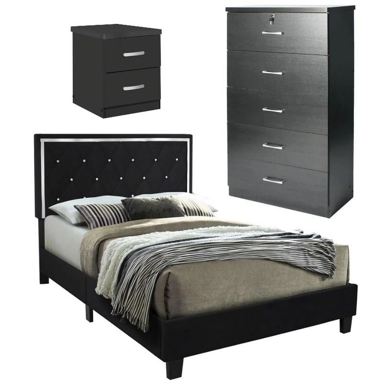 Home Square 3-Piece Set with Queen Bed Tall Chest Wardrobe & 2-Drawer Nightstand