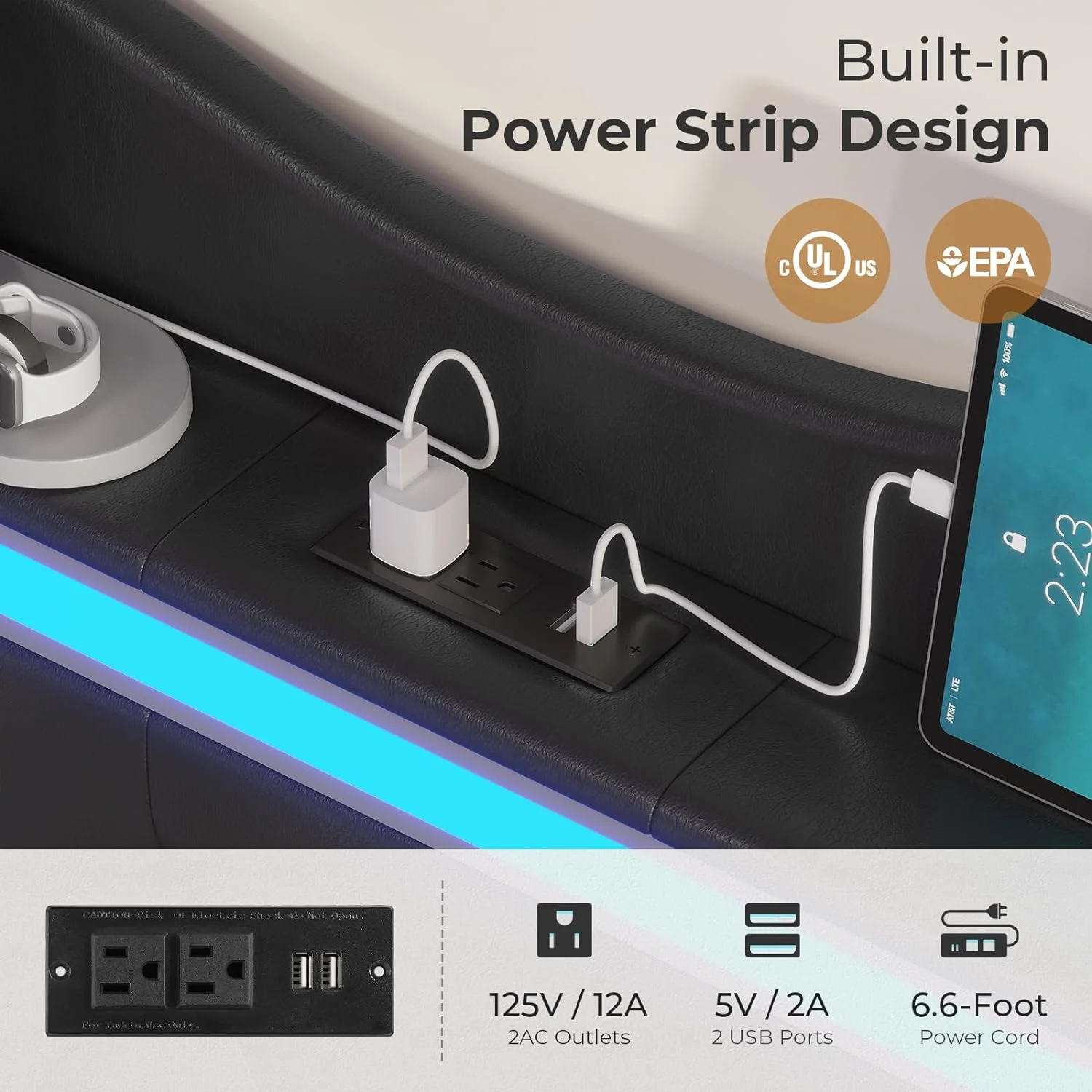 LED Bed Frame King Size with Charging Station&LED Lights, Faux Leather Upholstered Platform Bed Frame with Tall Wingback Headboard, No Box Spring Needed, Black