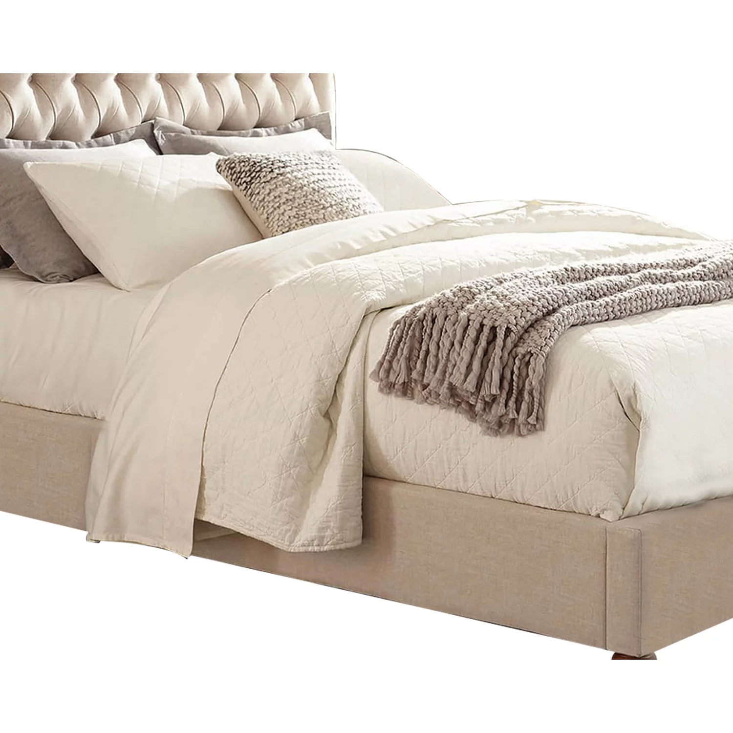 Benjara Wooden Eastern King Size Bed with Button Tufted Headboard, Beige