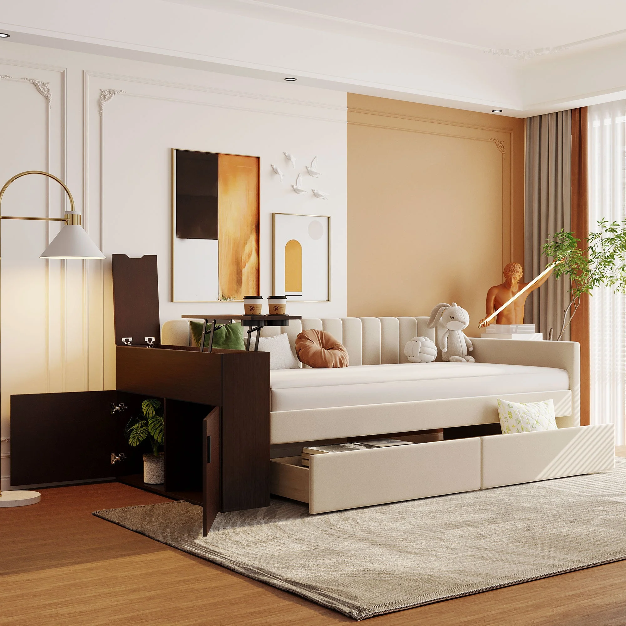 Jovi Twin Size Upholstered Daybed with Storage Armrest and Drawers - Beige