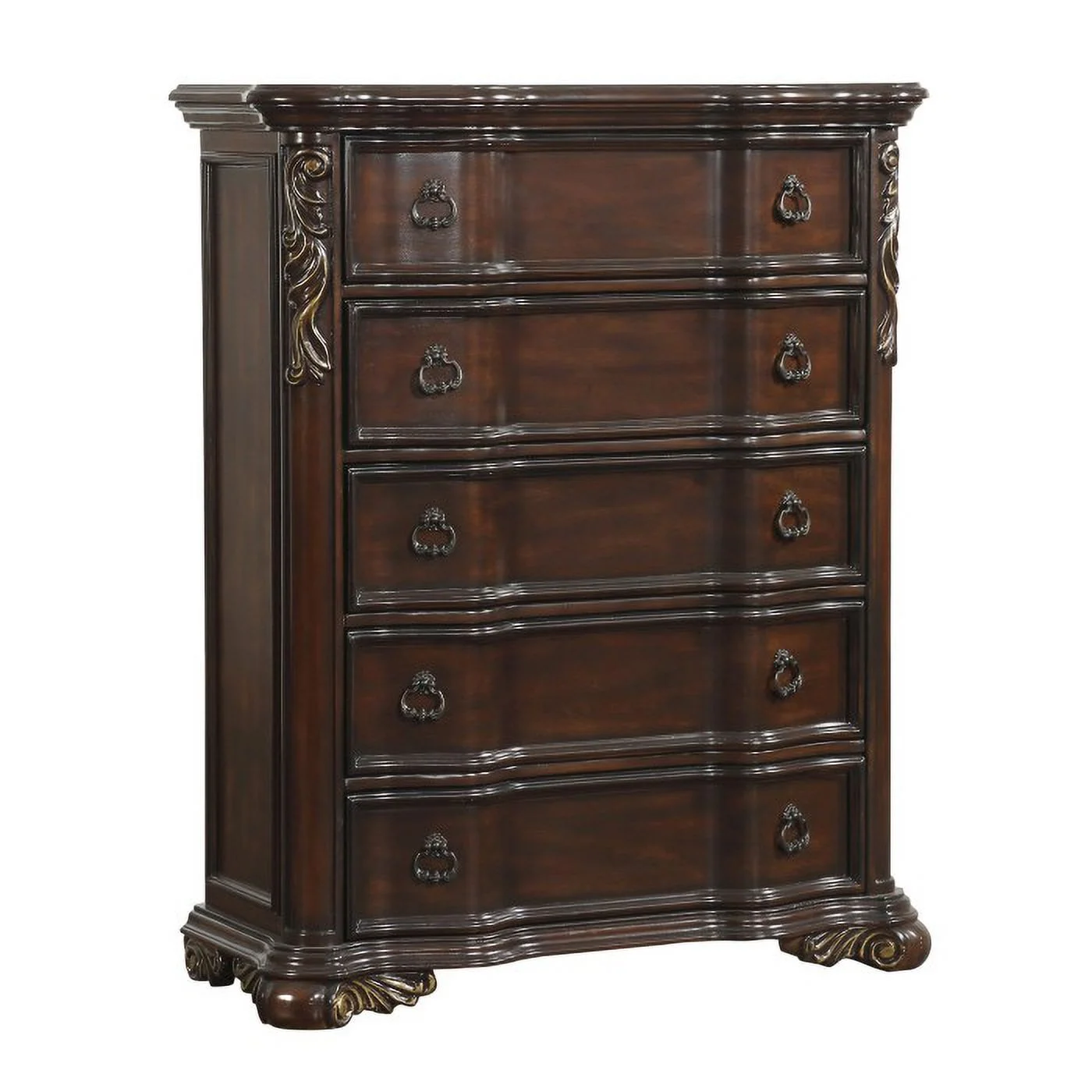 Grandly Styled Traditional Chest with Decorative Scrolling Carved Accents and Rich Cherry Finish