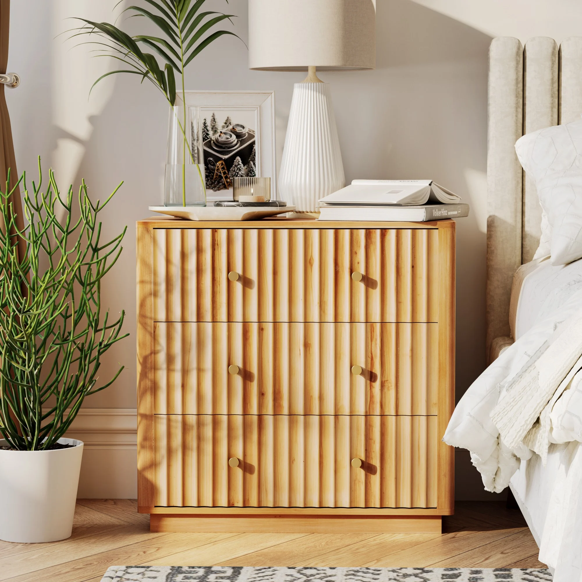 COZAYH 3-Drawer Farmhouse Dresser with Handcrafted Three-Dimensional concave and Convex Design, Wood Nightstand for Living Room, Bedroom, Fully-Assembled, Modern Rustic