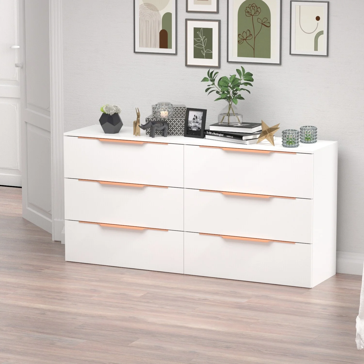 Premium 63-inch 6 Drawers White Floor Double Dresser by Kerrogee