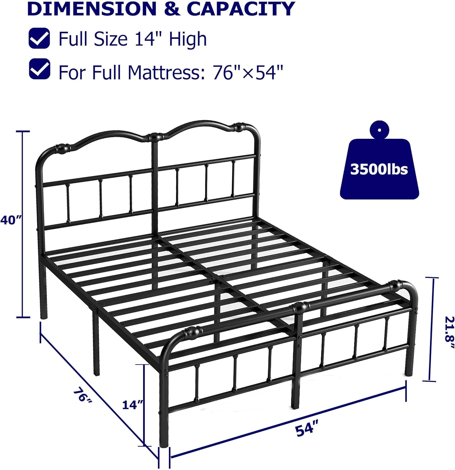 YINCHEN Full Size Bed Frame with Headboard and Footboard, 14 Inch High, No Box Spring Needed Heavy Duty Metal Platform Bedframe, Noise Free