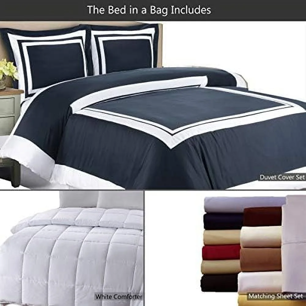 HOOMHIBIU 6 Piece Hotel Bed-in--Bag  Twin Extra Long (XL) Size  100% Cotton  300TC- Navy & White Duvet Cover Set with Matching Sheet Set + White Down Alternative Comforter Sets