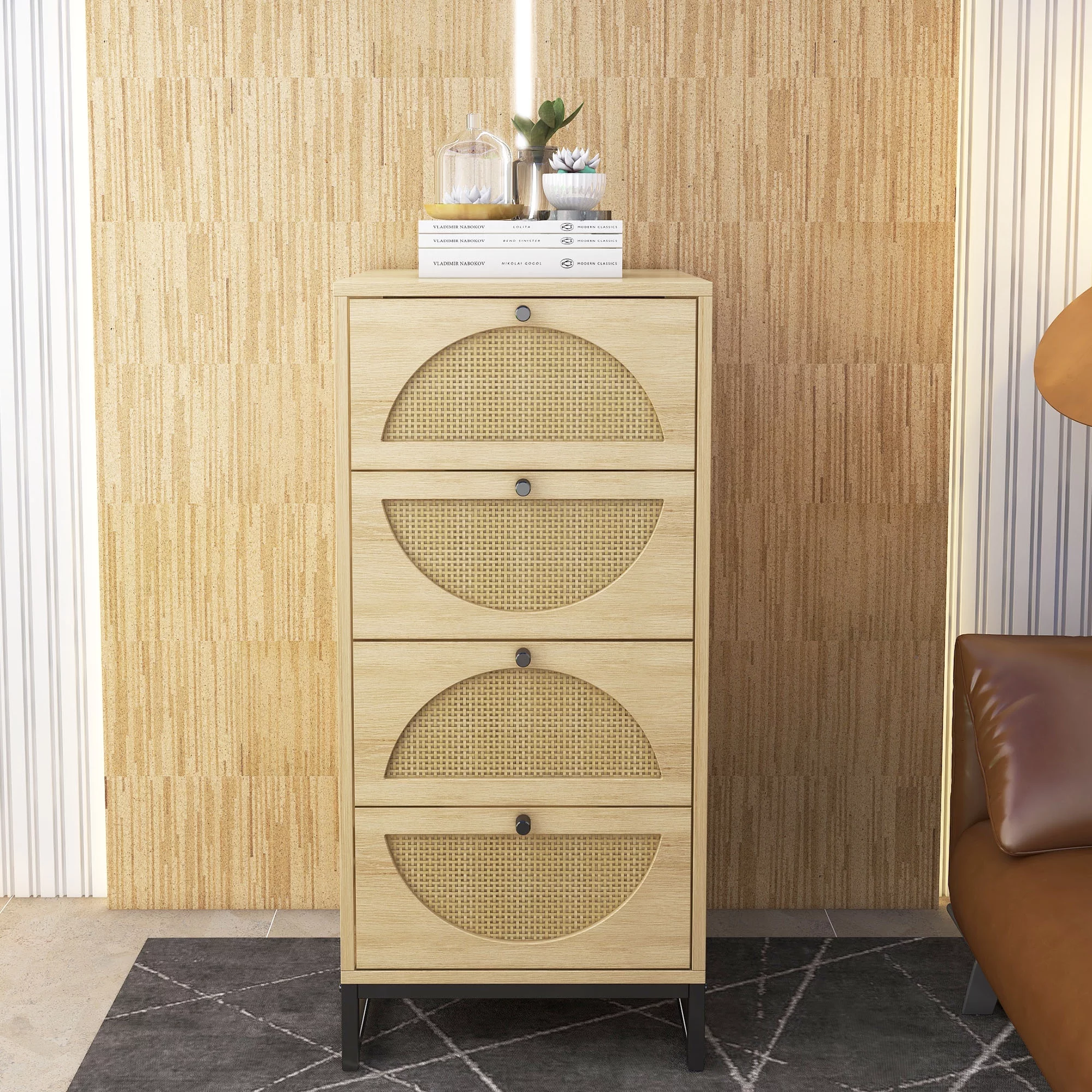 HIUU Rattan 4 Drawers Dressers,Natural Wood Dressers with Storage,Modern Chests of Drawers