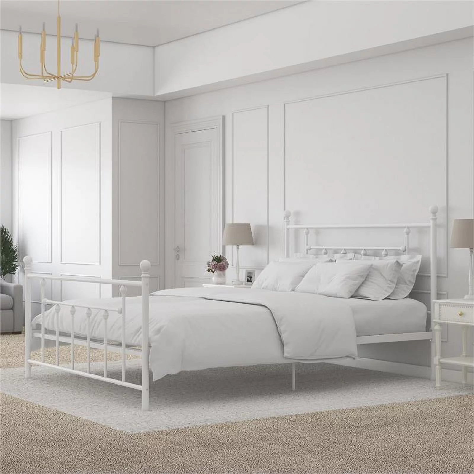 DHP Marie Full Metal Bed with Victorian Style Headboard and Footboard in White