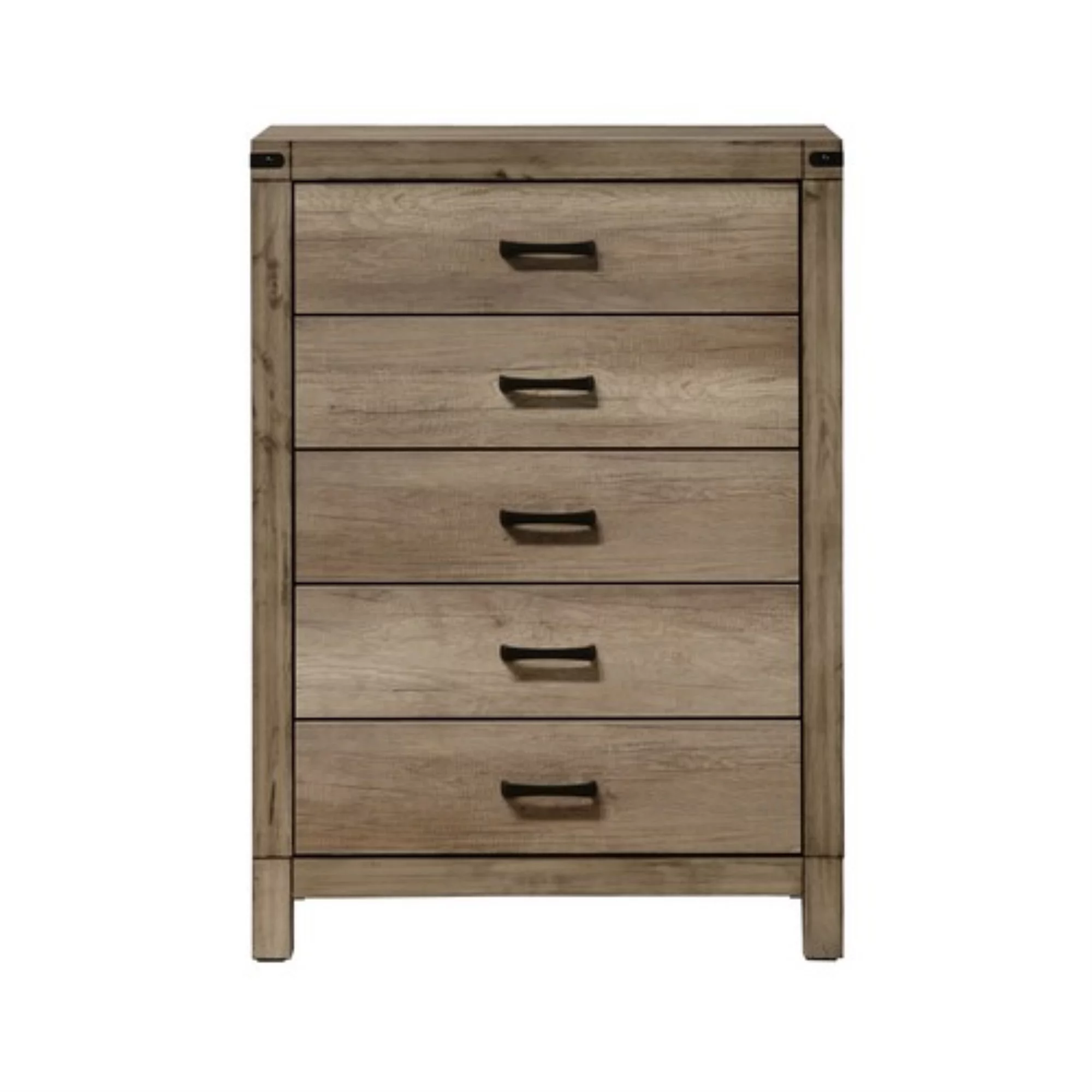 5 Drawer Rustic Style Chest with Bar Pulls and Block Feet, Weathered Gray