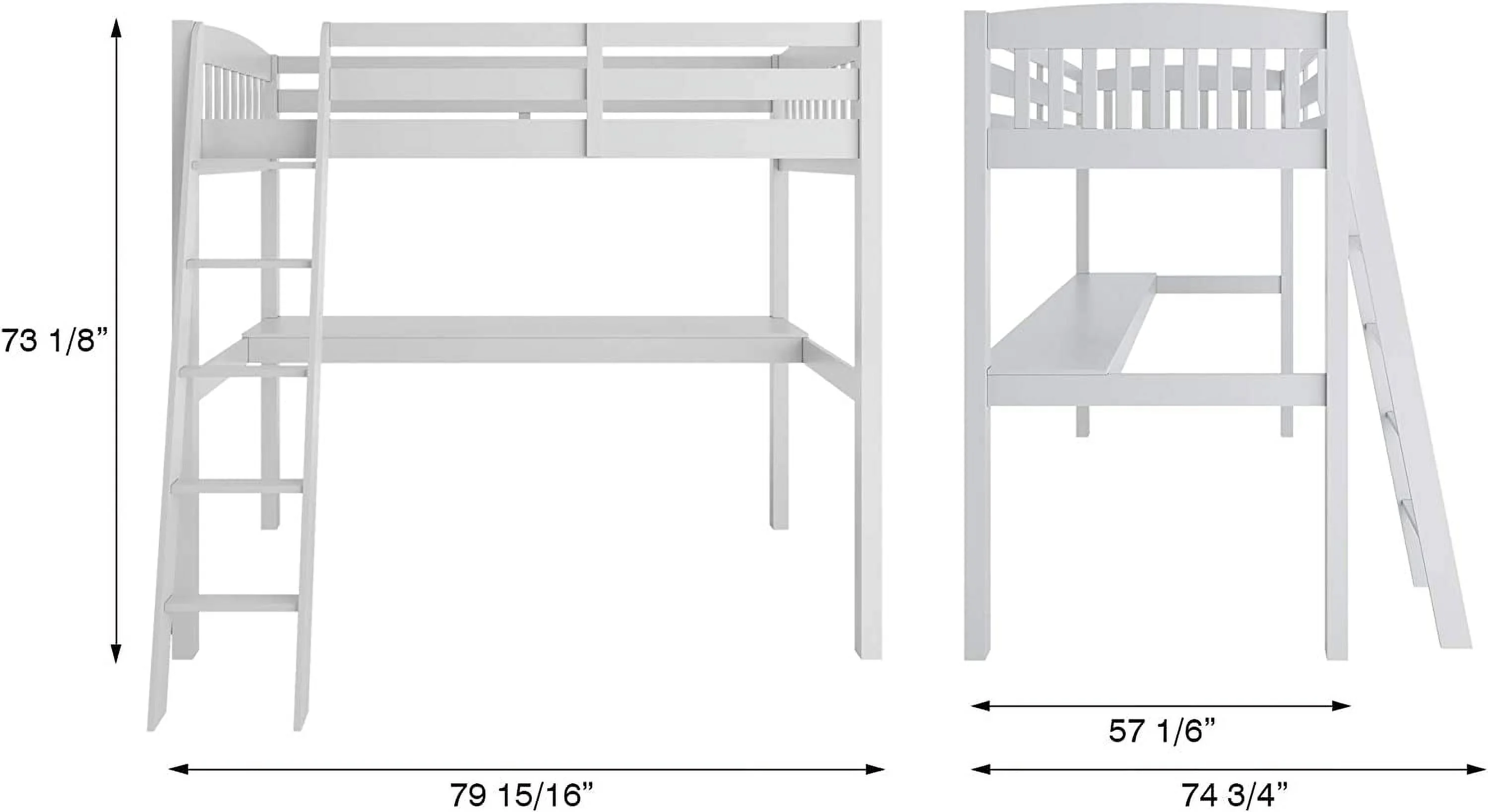 Full Size Loft Bed With Desk, Wooden High Loft Bed Frame With Inclined Ladder And Safety Guard Rails For Kids, Teens, Adults (White)
