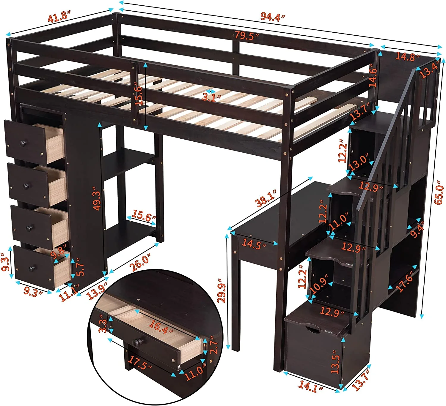 Size Loft Bed With Desk, Loft Bed Frame With Storage Drawers And Stairs, Wooden Loft Bed With Shelves, Espresso