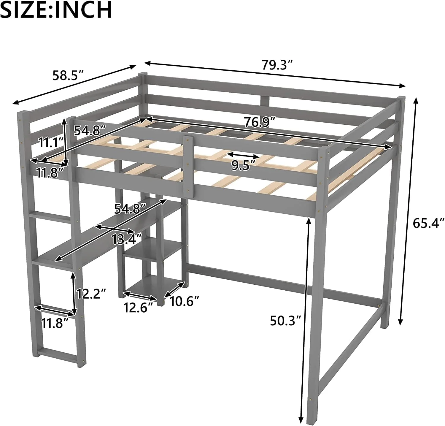 Loft Bed Full Size, Full Loft Bed With Desk Ad Shelves, Woode Loft Bed Full Frame For Kids Adults Boys Girls Tees,o Box Sprig eeded (Full,Gray)