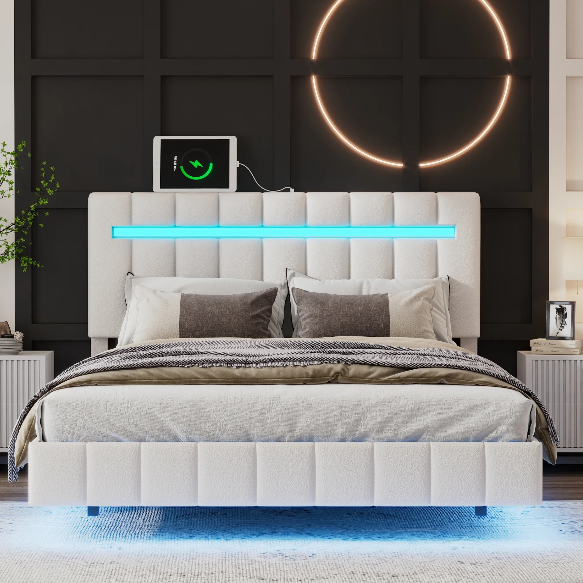 CoSoTower Full Size Floating Bed Frame with LED Lights and Usb Charging,Modern Upholstered Platform LED Bed Frame,White(Full)