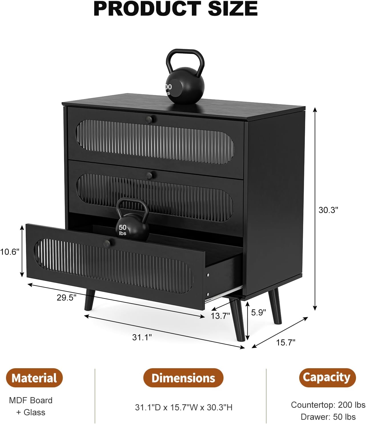 IKIFLY Glass 3 Drawers Dresser Set of 2, Modern Closet Dressers Chest of Drawers, Storage Cabinet Dresser for Bedroom Living Room Hallway-Black