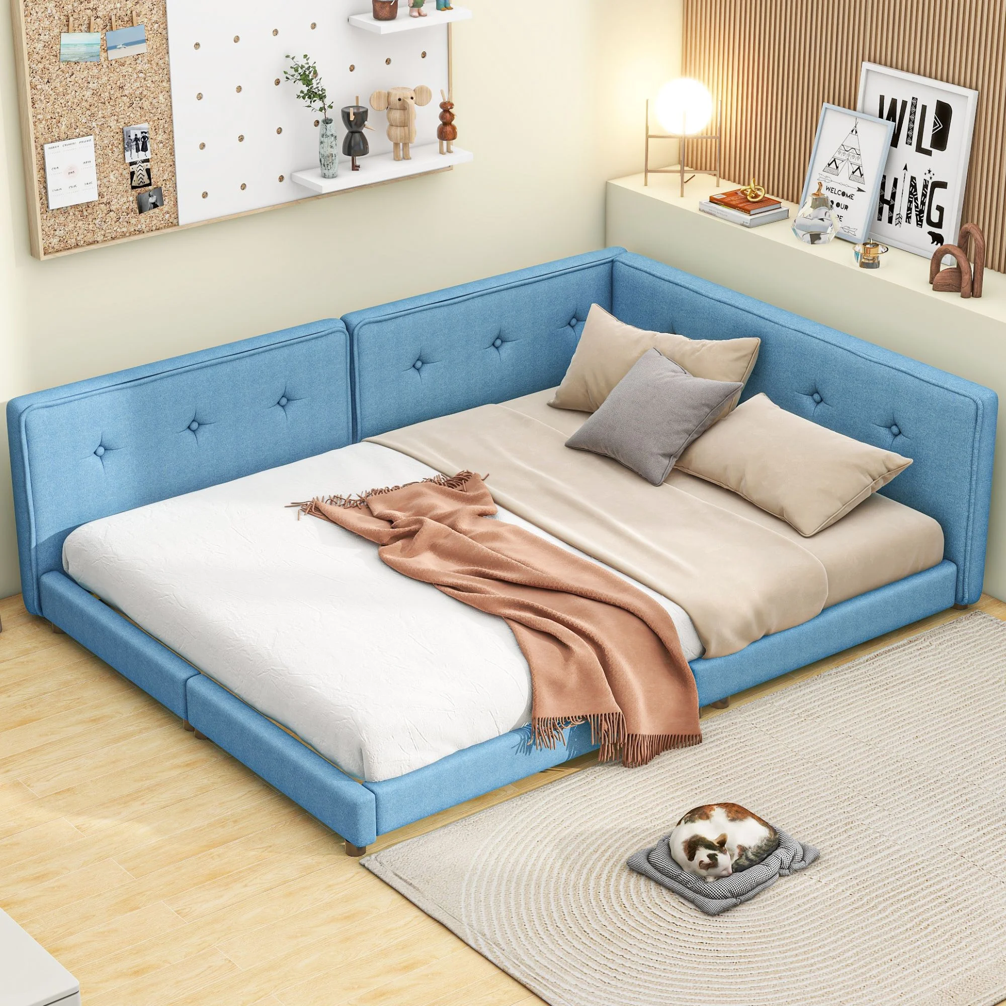 Floor Bed with Tufted, Floor Bed with Upholstered, Platform Bed Frame for Girls Boys,No Box Spring Needed(Blue, Full)