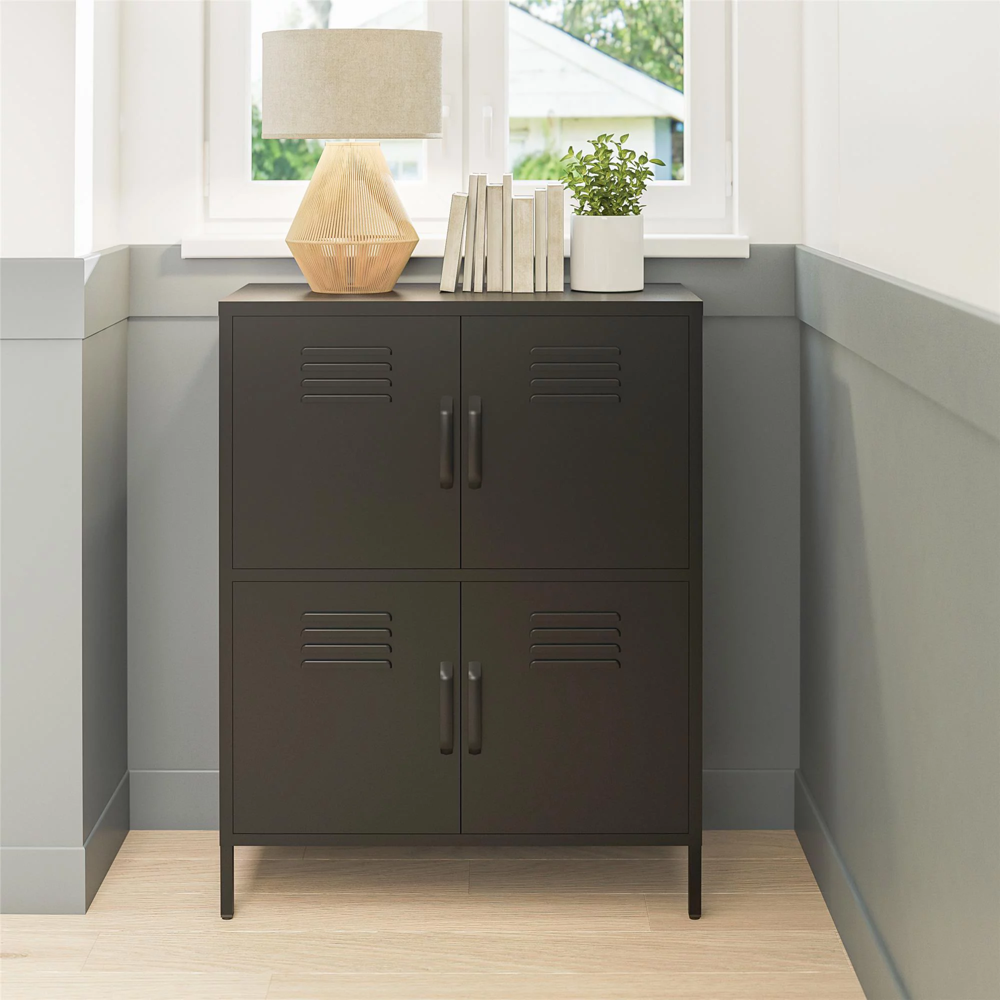 RealRooms Shadwick 4 Door Metal Locker Style Accent Storage Cabinet, Black
