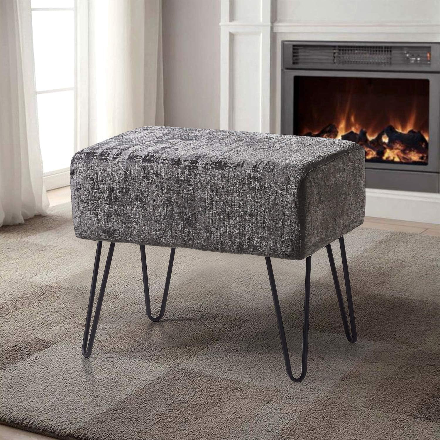 Grey Textured Velvet Ottoman, 19