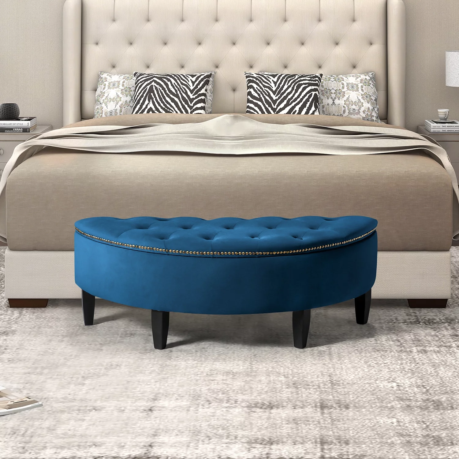 ARTFUL LIVING DESIGN Storage Ottoman Bench for Bedroom with Button-Tufted Trim Design, Modern Half Circle Entryway Footrest in Navy