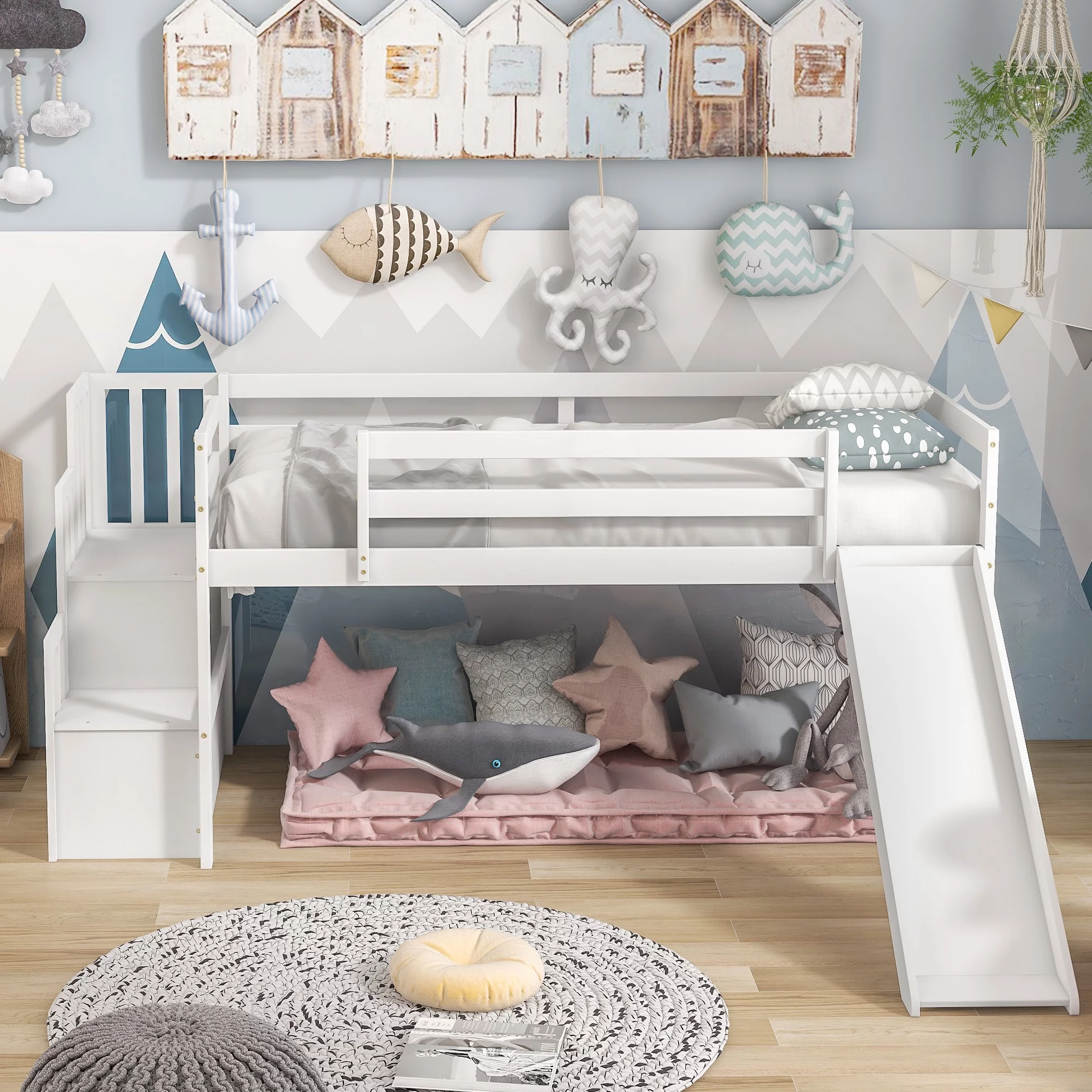 Ouyessir Multifunctional Loft Bed Frame with Staircase, Slide, Solid Wood Kids Low Loft Bed Frame with Storage Shelves and Full-length Safety Guardrails,White