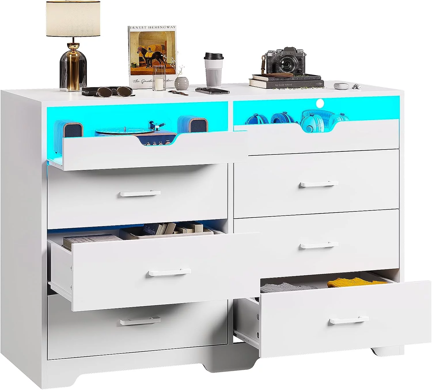 Dresser with LED Lights for Bedroom, Double Dresser with 6 Drawers and Pull-Out Tray, White