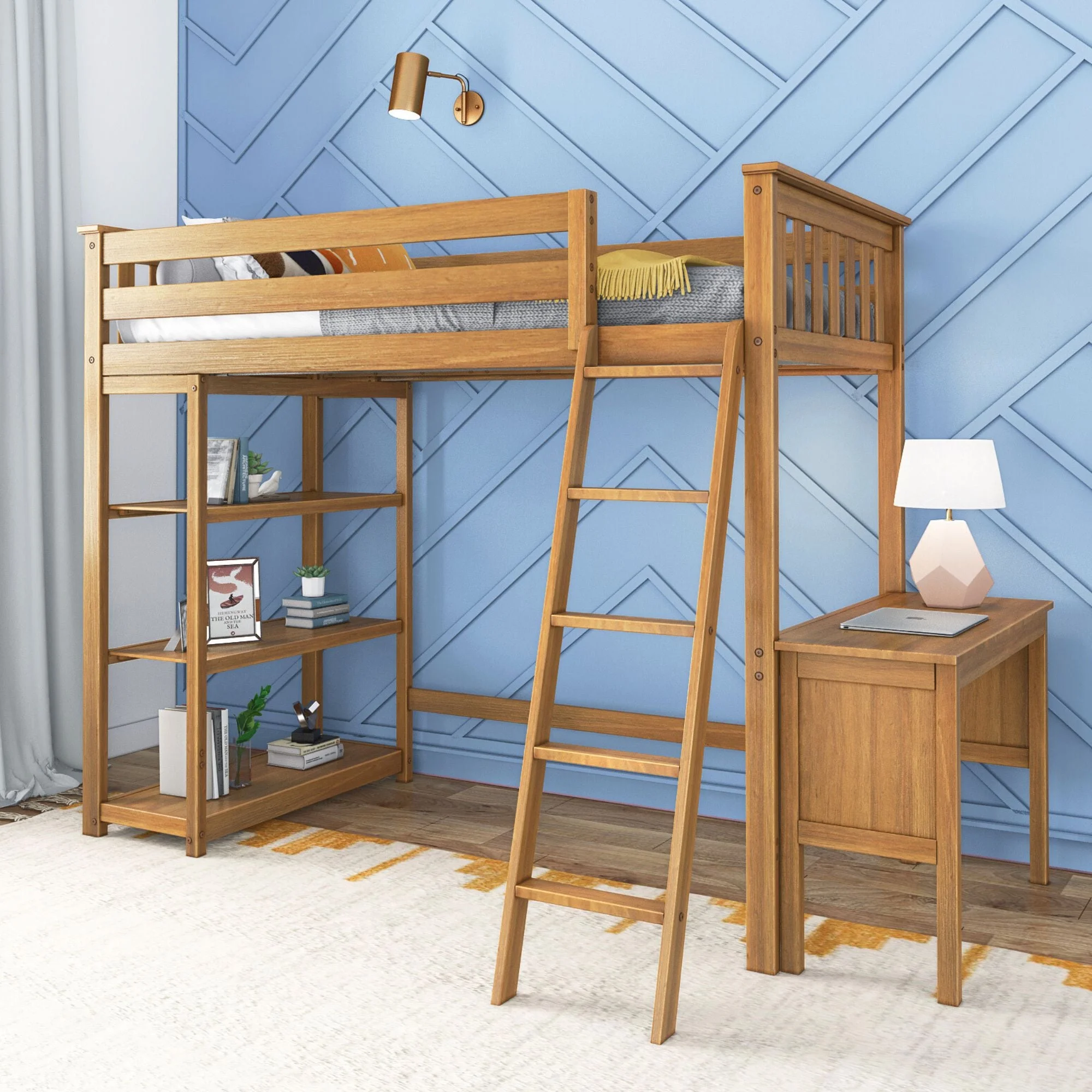 Max & Lily Loft Bed, Solid Wood Twin High Loft Bed with Bookcase and Desk for Kids, Pecan