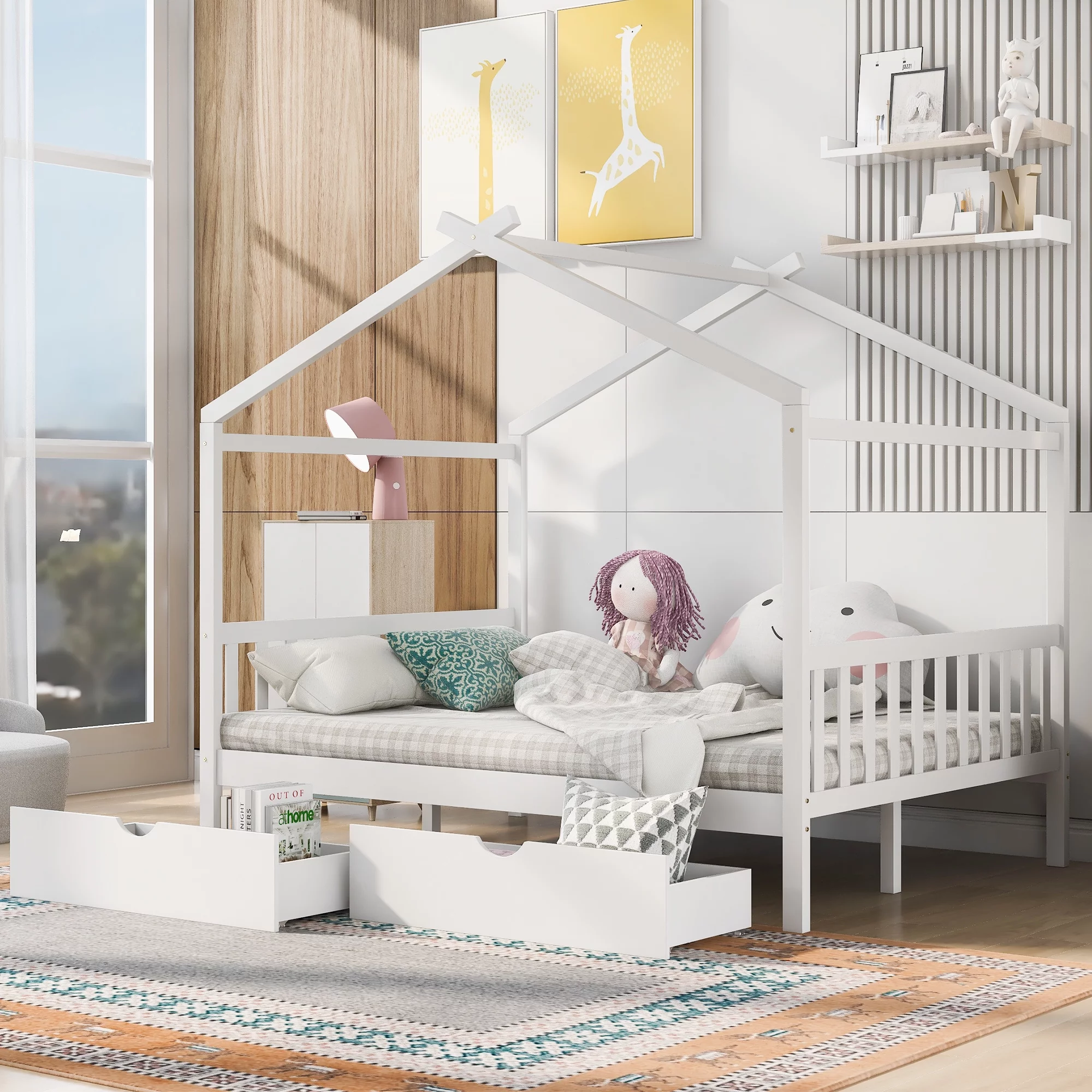 EUROCO Full Size House Bed with Two Drawers for Kids, Solid Wood Platform Bed for Living Room, White