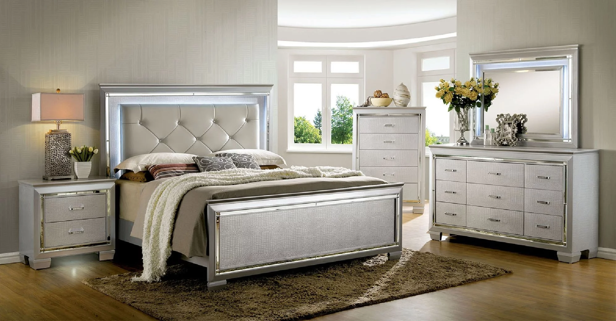 Contemporary Crocodile Textured Details Padded Tufted Leatherette HB California King Size Bed Dresser Mirror Nightstand 4pc Set Silver FinishBedroom Furniture