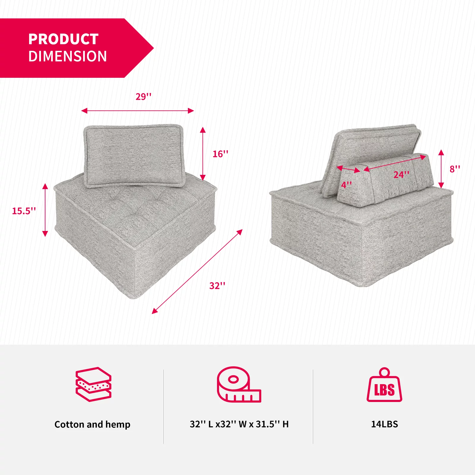 MUZZ 2-Seater Modular Sectional Sofa, Variable Sofa Couch Set with Oversized Soft Seat, Free Combination Armless Sectional Sofa Couch for Living Room, Bedroom (Light Grey, 2PCS)