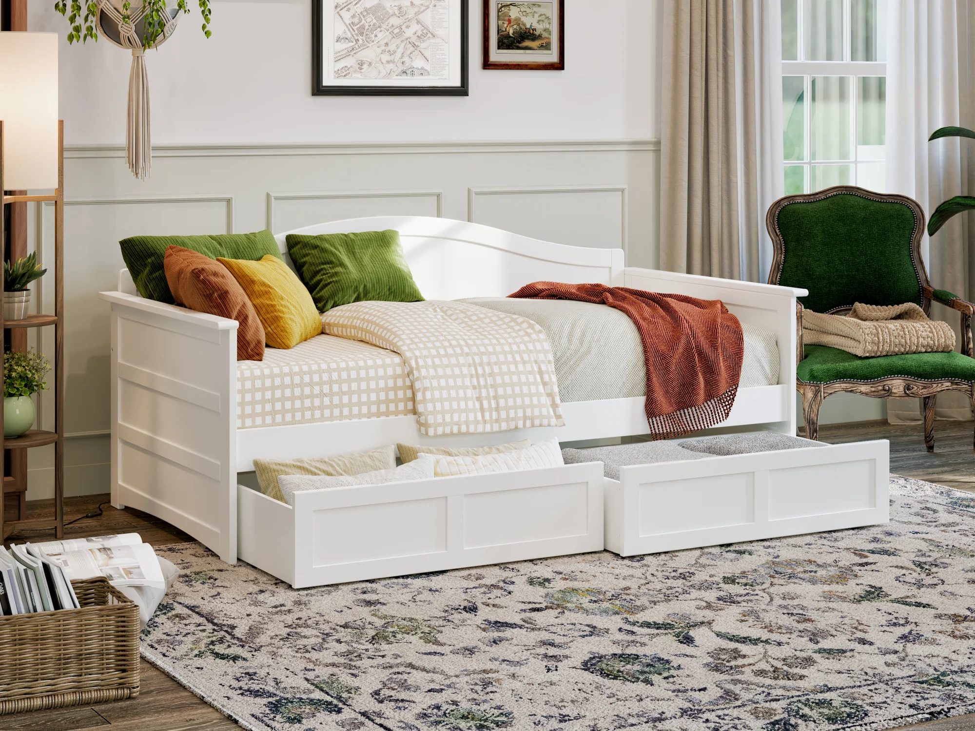 AFI Acadia Wood Twin Size Daybed Frame with 2 Storage Drawers White
