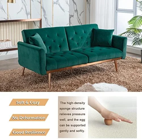 RUNFAYBIU Futon Sofa Bed with 3 Adjustable Positions  Small Sleeper Sofa Loveseat with 2 Decorative Pillows  Modern Upholstered Convertible Couch with 5 Metal Tapered Legs  White Teddy