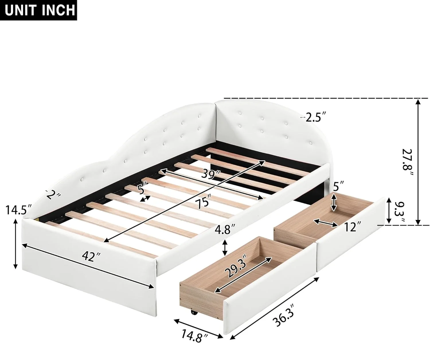 Size Daybed Wih Sorage Drawers, Faux Leaher Upholsered Day Bed Frame, Boom ufed Sofa Bed Wih Cloud Shaped Rails For Bedroom Livig Room Gues Room, Whie