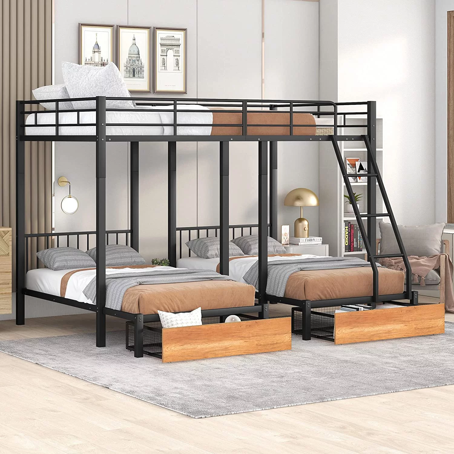 Metal Triple Bunk Bed With Drawers And Guardrails, Full Over & Bunk Bed For 3, Space-Saving, Noise Free, No Box Spring Needed - Black